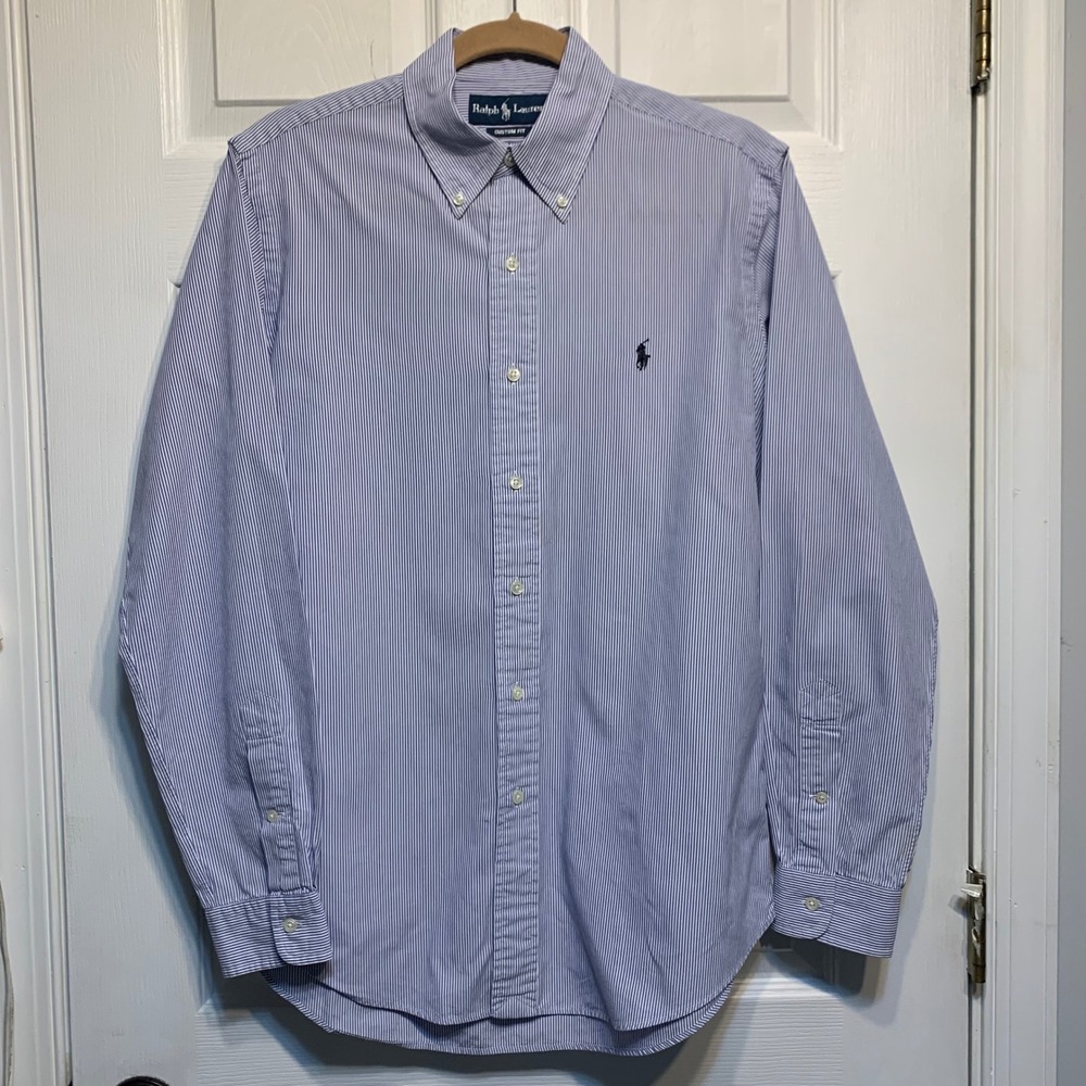Ralph Lauren Button Shirt Size M Custom Fit Blue White Striped Cotton Preppy